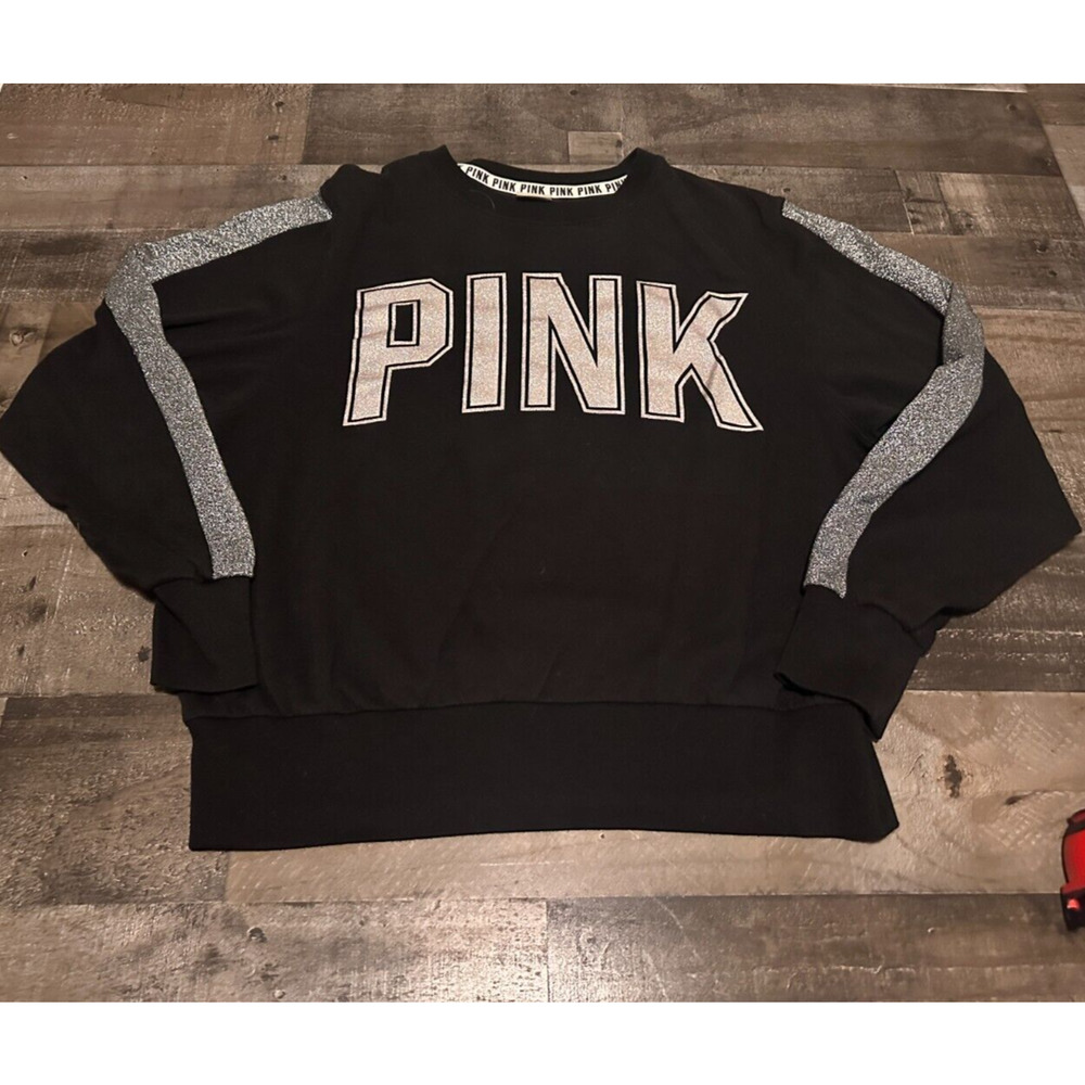 Victoria's Secret PINK Black Silver‎ Sweatshirt Graphic L/S Sparkle Sz Large